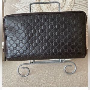 GUCCI Authentic Guccissima Zippy Brown Embossed Leather Organizer Long Wallet
